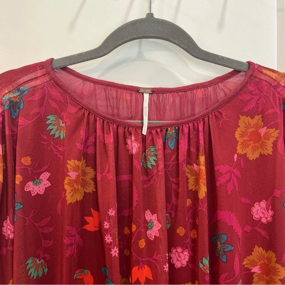 Free People Womens Red Wildflower Floral Honey Mesh Long Sleeve Peasant Top Sz S